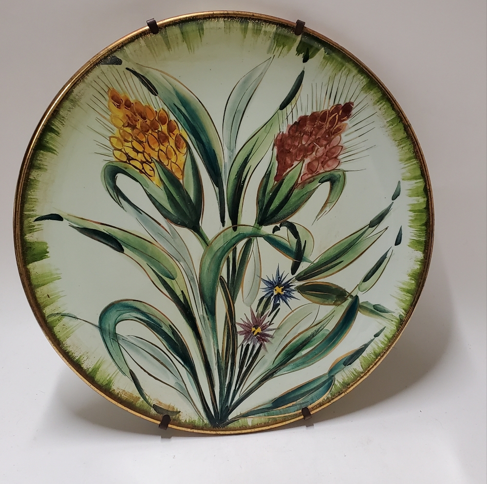 Vintage Italian Hand Painted Ceramic Wall Plate Wheat Wildflowers Gold Rim Italy